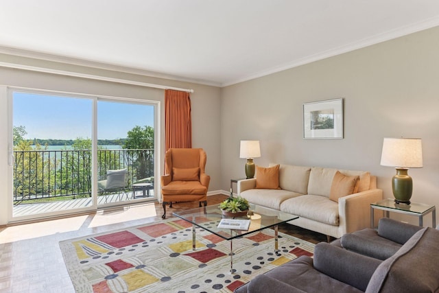 3200 Bde Maka Ska Pkwy Unit 302, Minneapolis, MN 55416 - living area with crown molding, a water view, wood finished floors, and baseboards