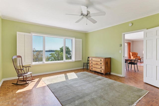 3200 Bde Maka Ska Pkwy Unit 302, Minneapolis, MN 55416 - living area featuring crown molding, ceiling fan, and baseboards
