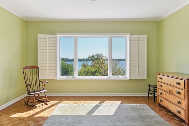 3200 Bde Maka Ska Pkwy Unit 302, Minneapolis, MN 55416 - sitting room featuring ornamental molding, baseboards, and a water view