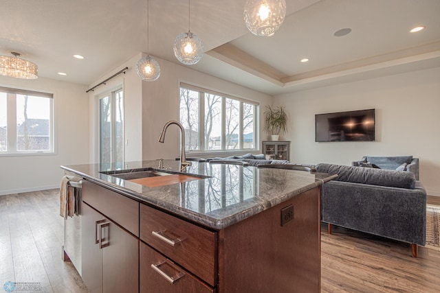 kitchen featuring wood finished floors, dark stone counters, a kitchen island with sink, a sink, and open floor plan