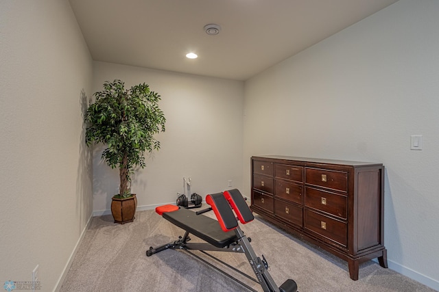 workout area with recessed lighting, baseboards, and carpet floors