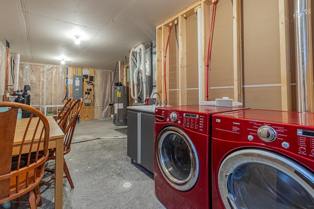 laundry area featuring washer and clothes dryer, laundry area, water heater, and electric panel