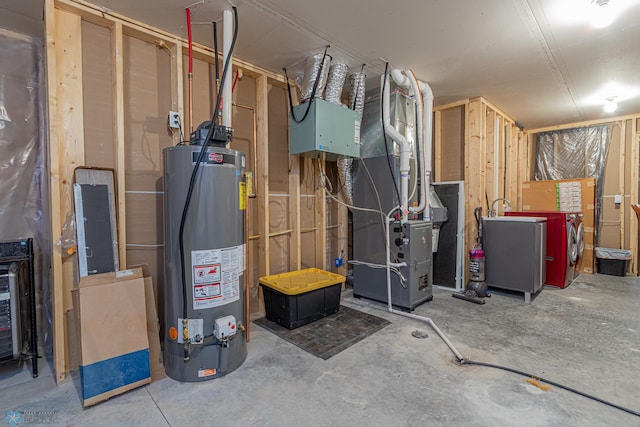 basement featuring heating unit and gas water heater