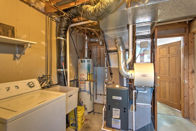 utility room with water heater, heating unit, and washer / clothes dryer