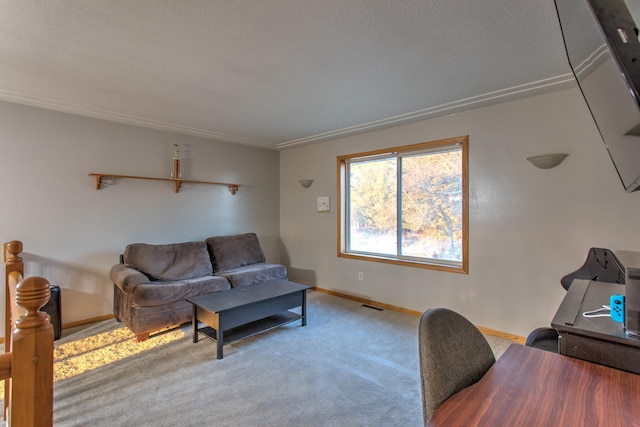 carpeted living area featuring baseboards and visible vents