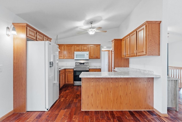 kitchen featuring dark wood-type flooring, a ceiling fan, white appliances, a peninsula, and light countertops