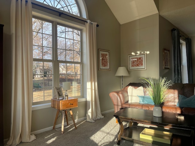interior space featuring baseboards, lofted ceiling, plenty of natural light, and carpet