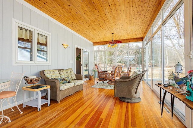 sunroom / solarium with a healthy amount of sunlight and wood ceiling