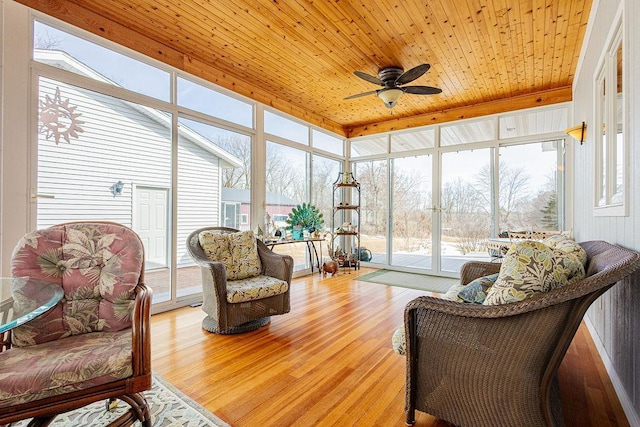 sunroom / solarium with wood ceiling and ceiling fan