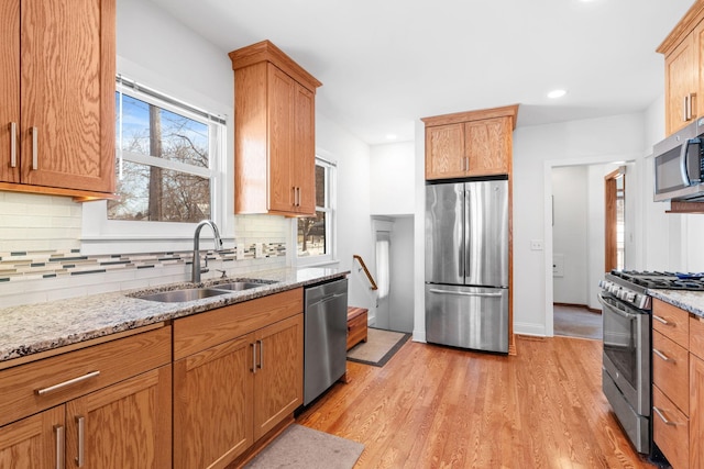 kitchen with light stone counters, a sink, stainless steel appliances, light wood-style floors, and backsplash