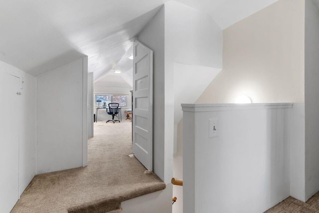 hallway with lofted ceiling and carpet flooring