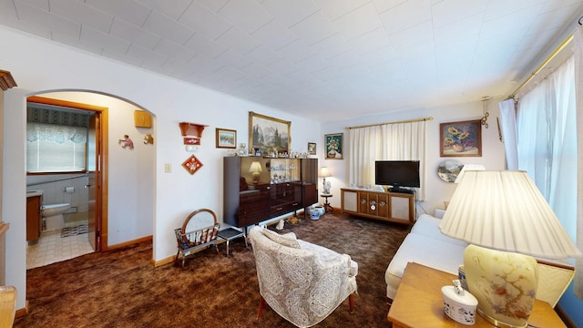 living area with plenty of natural light, baseboards, arched walkways, and carpet floors