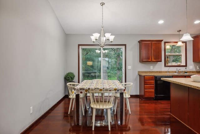 dining area featuring recessed lighting, baseboards, a notable chandelier, and dark wood-style floors