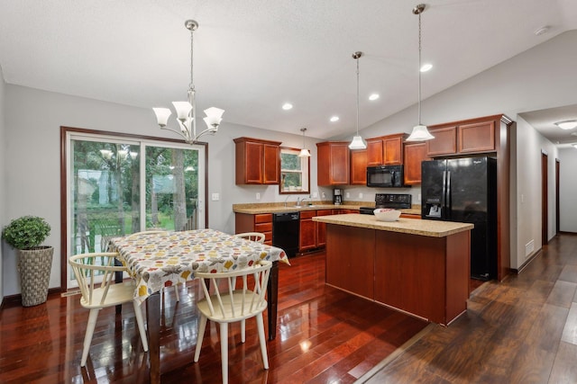 kitchen with pendant lighting, black appliances, dark wood-style floors, a center island, and lofted ceiling