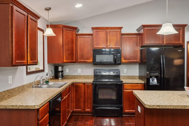 kitchen with a sink, lofted ceiling, black appliances, and light countertops