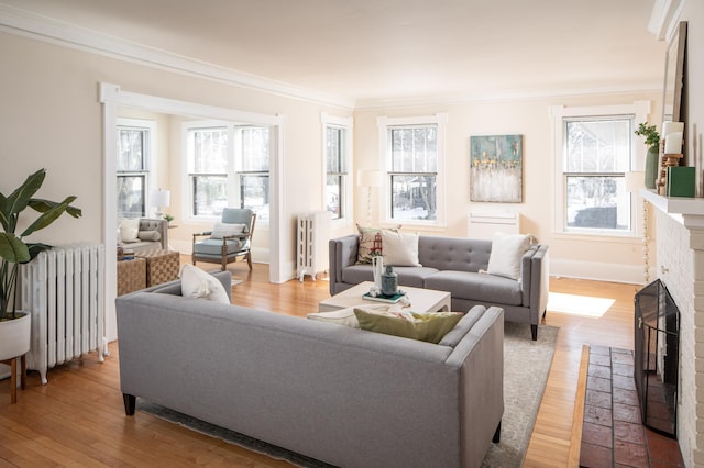 living area featuring light wood-style flooring, radiator, a fireplace, and ornamental molding