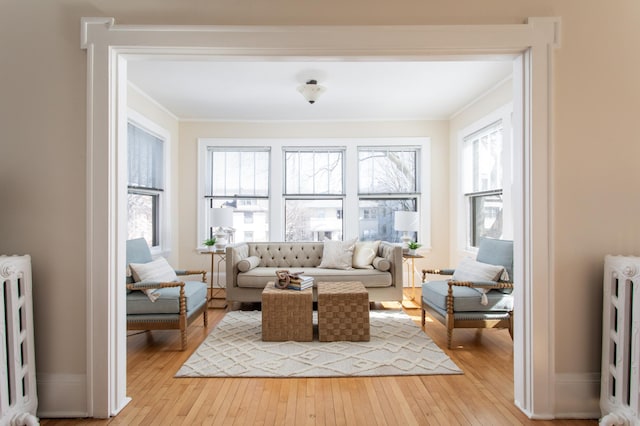 living room featuring light wood-style floors, plenty of natural light, and radiator