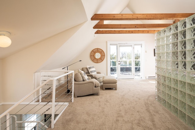 living area featuring a baseboard heating unit, lofted ceiling with beams, carpet flooring, and an upstairs landing