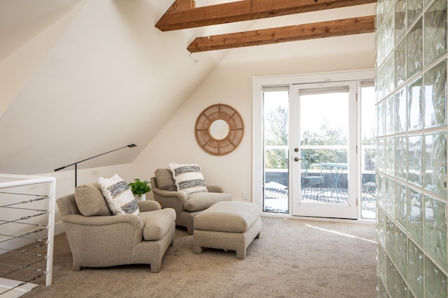 living area with carpet flooring and vaulted ceiling with beams