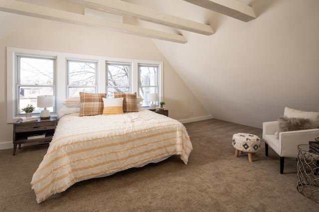 bedroom with lofted ceiling with beams, baseboards, and carpet floors