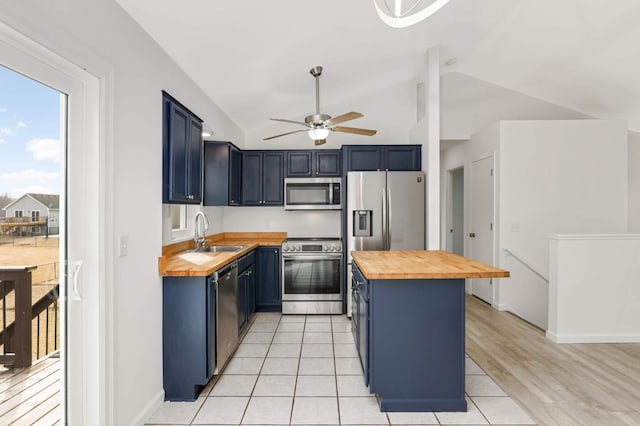 kitchen with blue cabinetry, appliances with stainless steel finishes, wood counters, and a sink