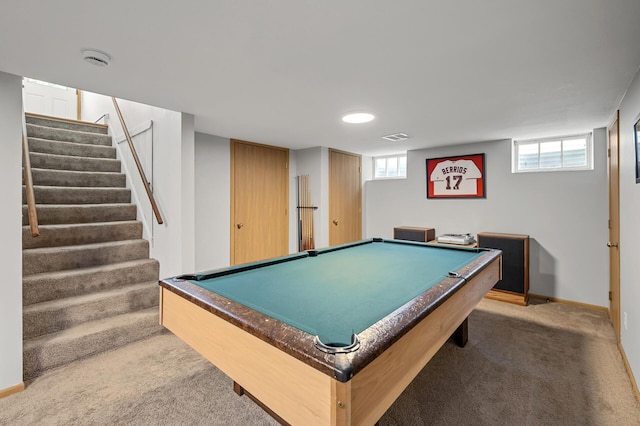 rec room featuring visible vents, billiards, baseboards, and carpet floors