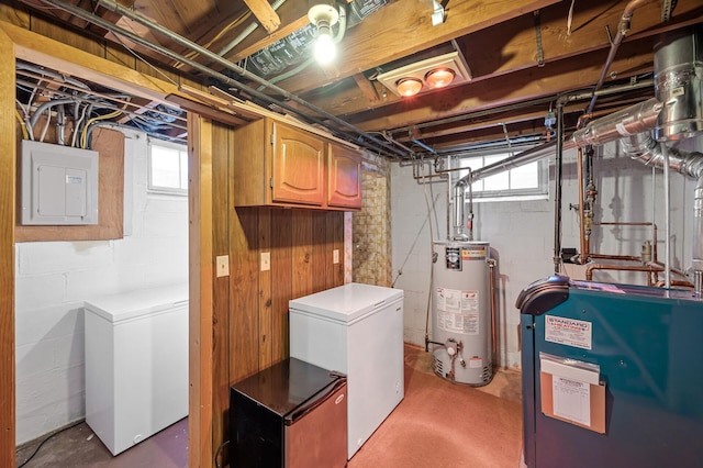 below grade area featuring water heater, a healthy amount of sunlight, refrigerator, and electric panel