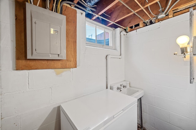 washroom featuring electric panel, laundry area, and a sink