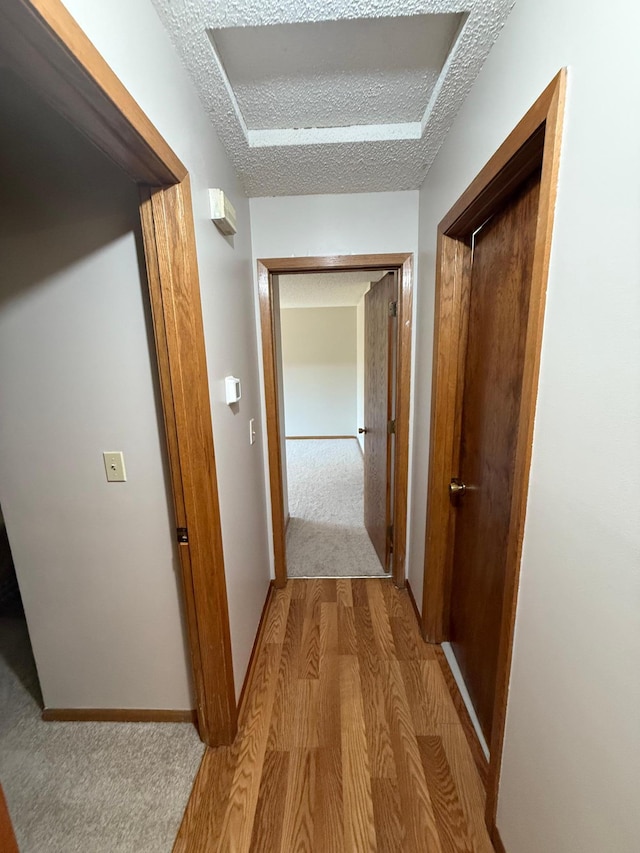 hall with light wood-type flooring, baseboards, and a textured ceiling