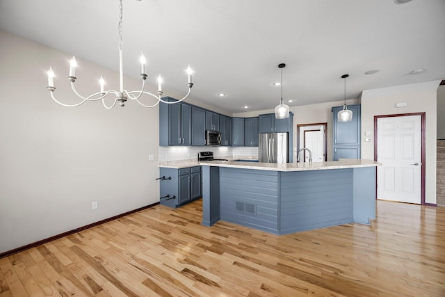 kitchen featuring light wood-style flooring, backsplash, visible vents, and appliances with stainless steel finishes