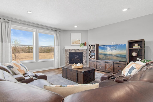 living area with baseboards, a textured ceiling, wood finished floors, and a fireplace