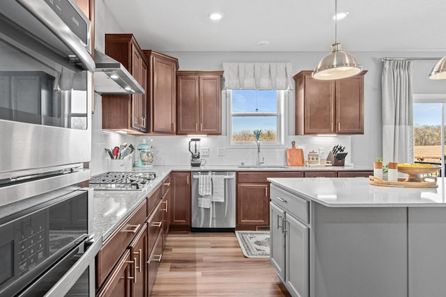 kitchen with plenty of natural light, appliances with stainless steel finishes, light wood-style floors, and a sink