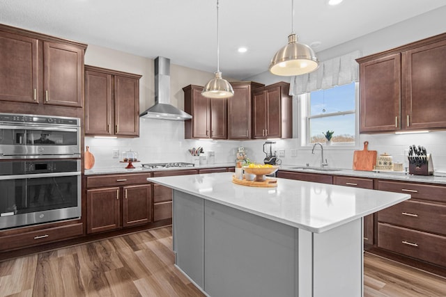 kitchen featuring wood finished floors, a sink, decorative backsplash, appliances with stainless steel finishes, and wall chimney range hood