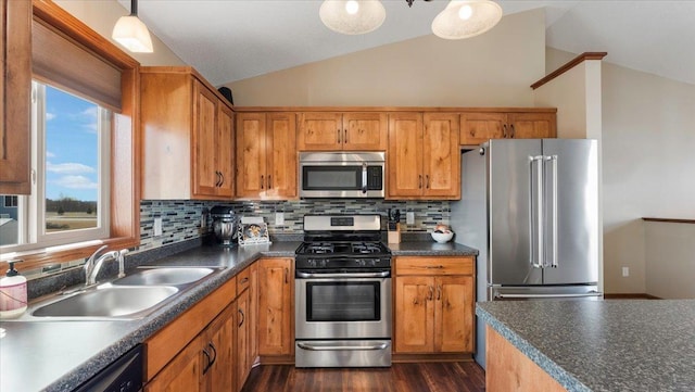 kitchen with dark countertops, dark wood-type flooring, lofted ceiling, stainless steel appliances, and a sink