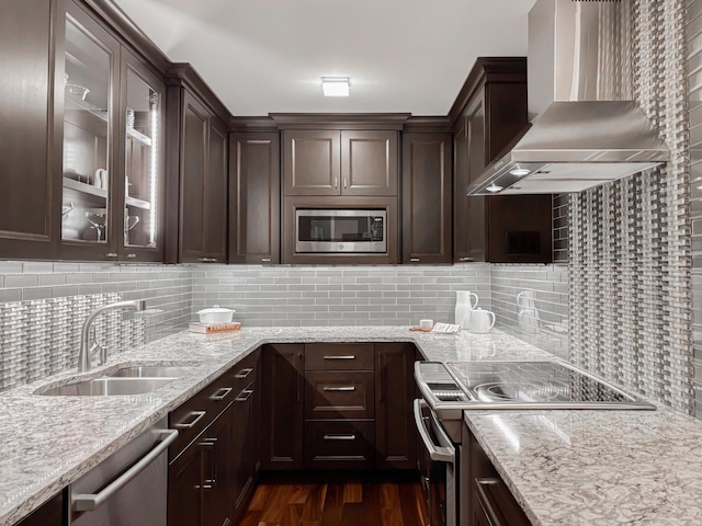 kitchen with dark wood-style floors, a sink, dark brown cabinets, appliances with stainless steel finishes, and wall chimney exhaust hood