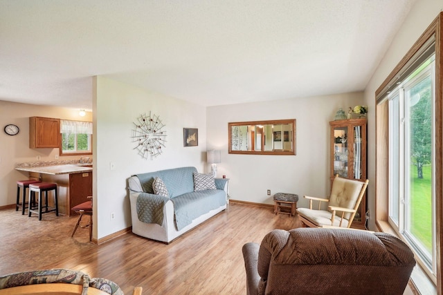 living area with baseboards and light wood-style flooring