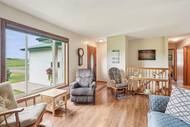 living room featuring baseboards, a textured ceiling, a healthy amount of sunlight, and light wood-style flooring