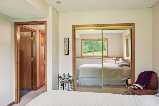 bedroom with carpet flooring and a closet