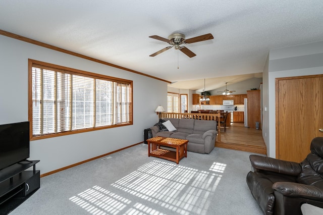 living area featuring baseboards, a textured ceiling, crown molding, and vaulted ceiling