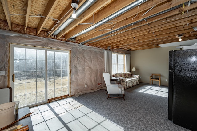 basement with freestanding refrigerator