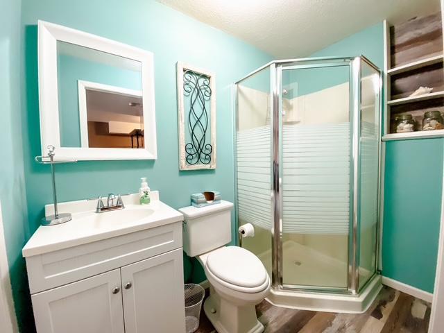 bathroom with a shower stall, vanity, toilet, and wood finished floors