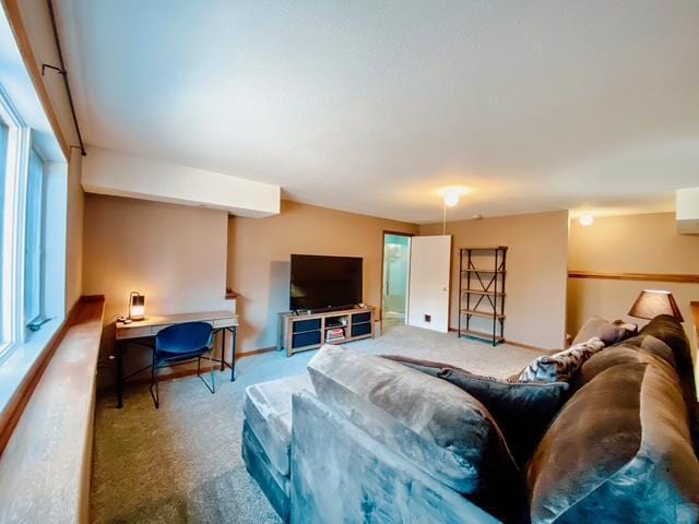 living room featuring plenty of natural light, baseboards, and carpet floors