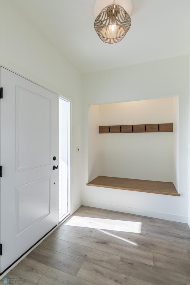 foyer entrance with baseboards and wood finished floors