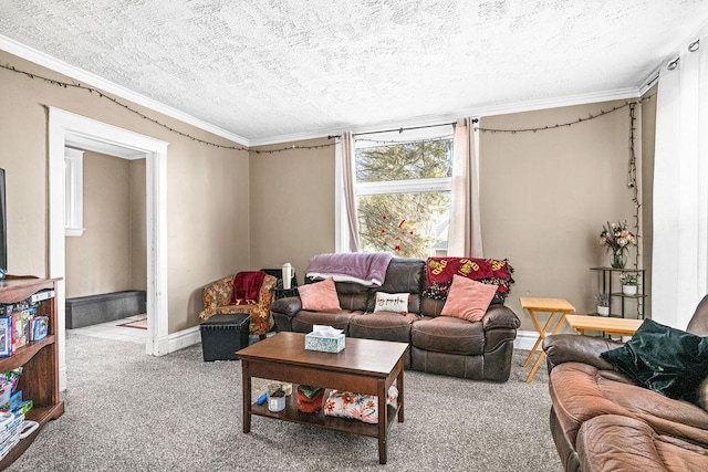 living area with baseboards, a textured ceiling, carpet flooring, and crown molding