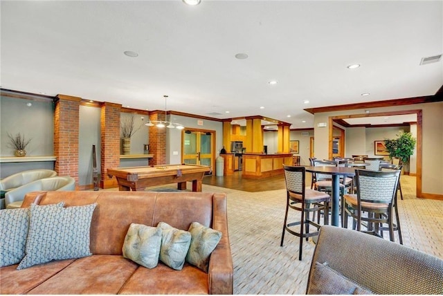 13580 Technology Dr Unit 3202, Eden Prairie, MN 55344 - living room featuring crown molding, recessed lighting, billiards table, and baseboards
