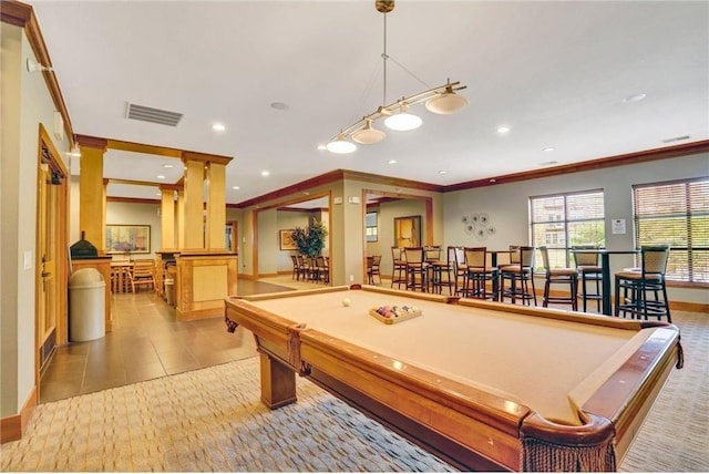13580 Technology Dr Unit 3202, Eden Prairie, MN 55344 - playroom with crown molding, billiards table, baseboards, recessed lighting, and decorative columns