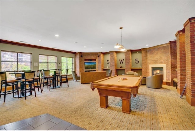 13580 Technology Dr Unit 3202, Eden Prairie, MN 55344 - rec room featuring carpet floors, billiards table, a fireplace, recessed lighting, and ornamental molding