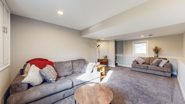 living area with recessed lighting, baseboards, and carpet floors