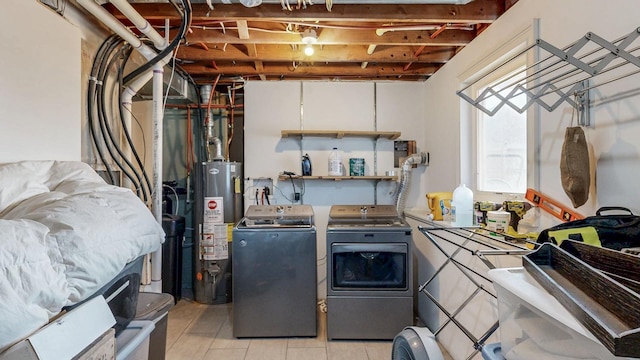 laundry room featuring gas water heater, laundry area, and washer and clothes dryer