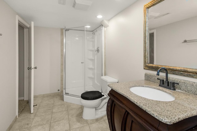 bathroom featuring visible vents, toilet, a stall shower, tile patterned flooring, and vanity